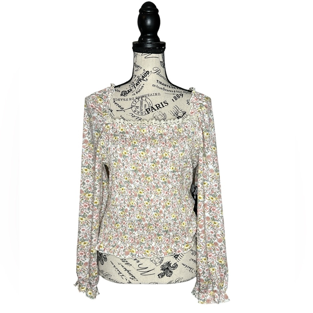 Ava Rose Smocked Long Sleeve Blouse XL Ditzy Floral Puff Sleeve Lace Trim NWT